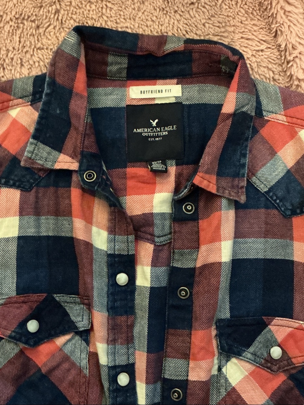 American Eagle Outfitters Red Navy Plaid Boyfriend Shirt w/Pearl snaps
